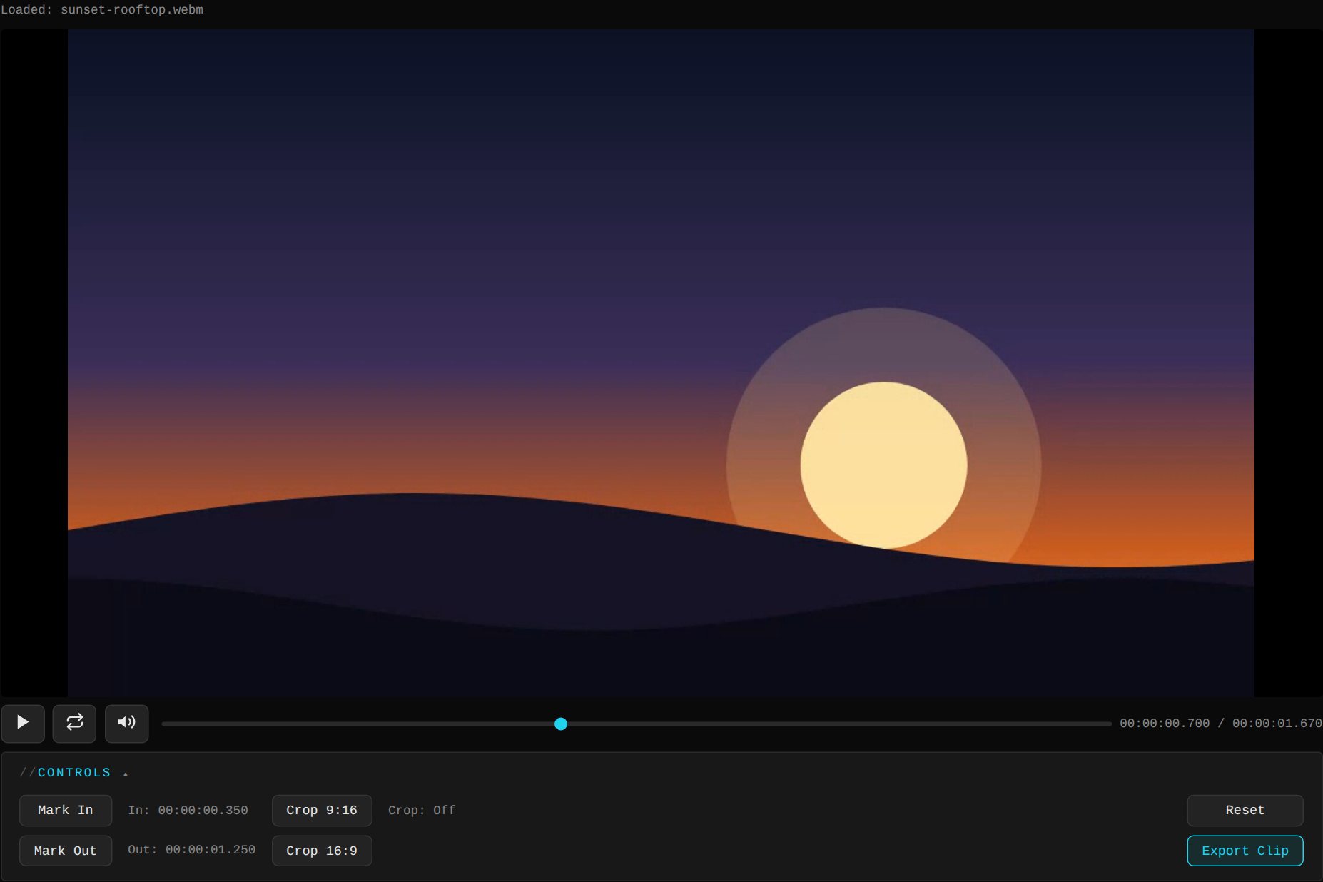 Clipped's editor: a video on the stage with a seek bar and a marked in/out cut, plus crop controls.